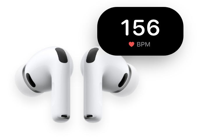 AirPods Pro alongside a live heart-rate reading in BPM