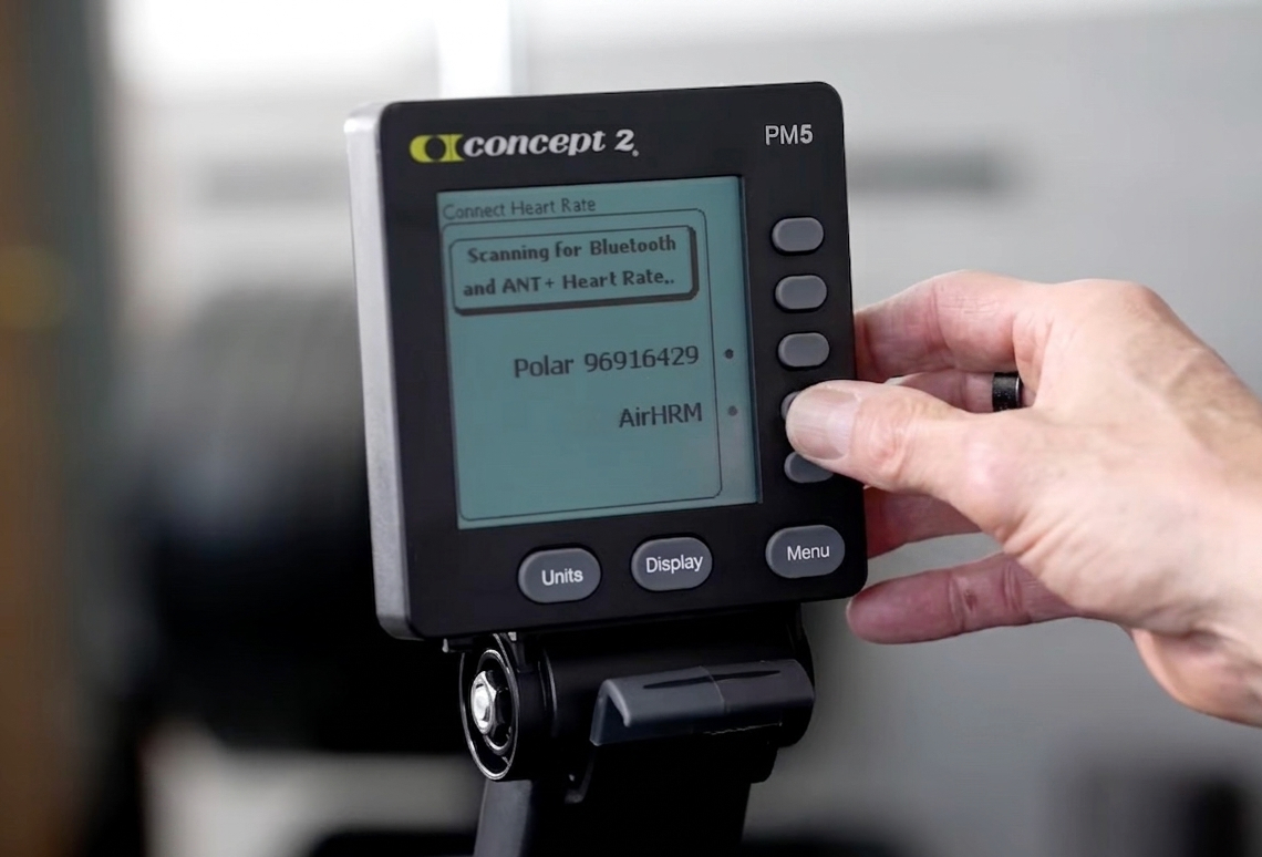 Concept2 PM5 screen showing AirHRM listed as a heart-rate sensor