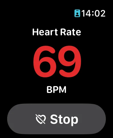 Apple Watch showing HRM app with Stop button — app is running