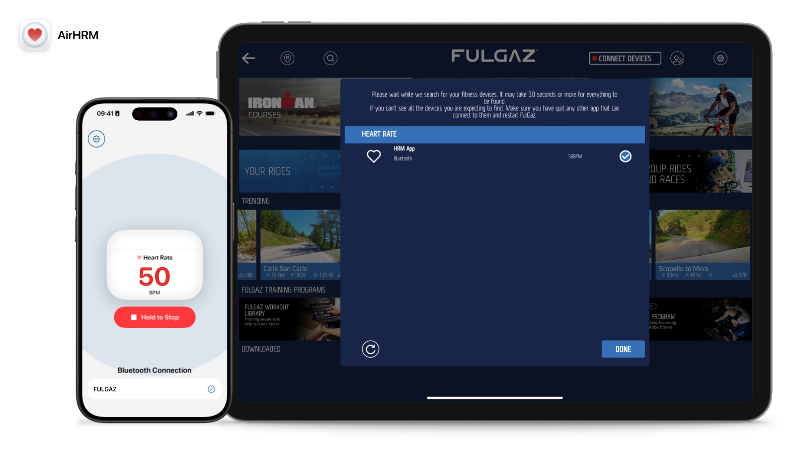 AirHRM connesso come sensore FC in FulGaz su iPad
