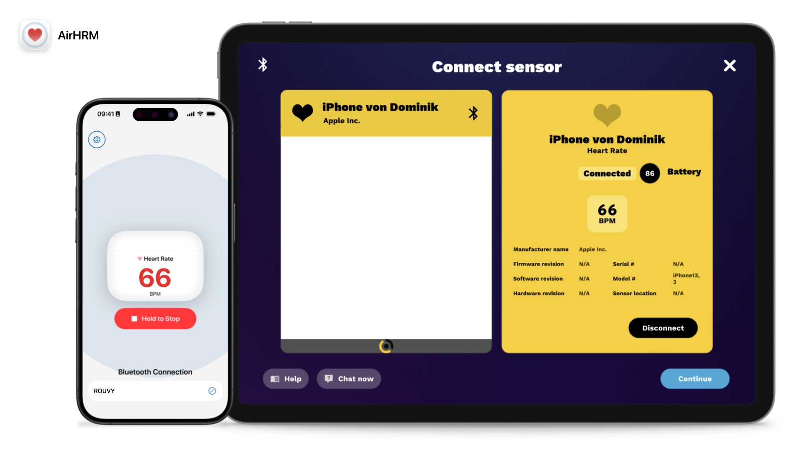 AirHRM connesso come sensore FC in ROUVY su iPad