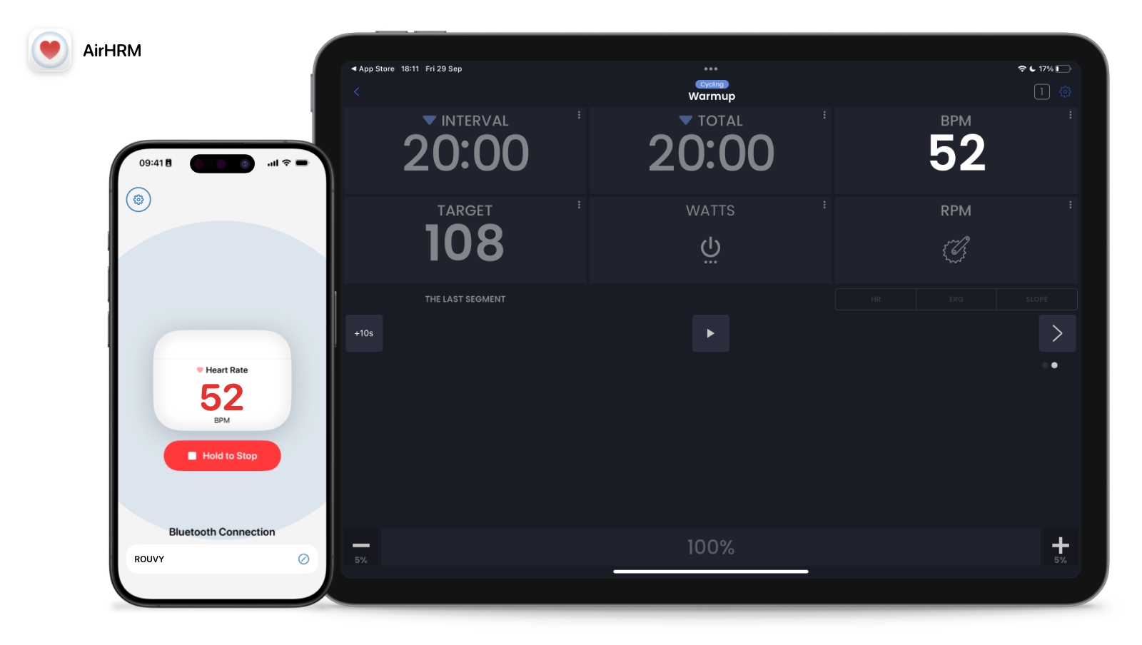 AirHRM connesso come sensore FC in TrainerDay su iPad