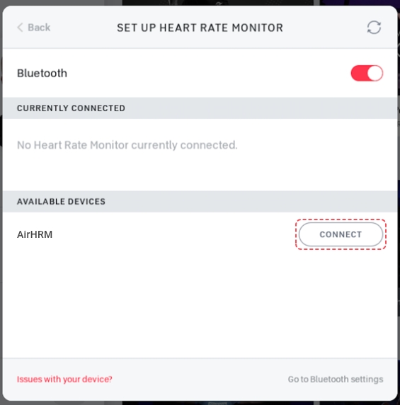 Peloton Set Up Heart Rate Monitor screen showing AirHRM in the list with a Connect button